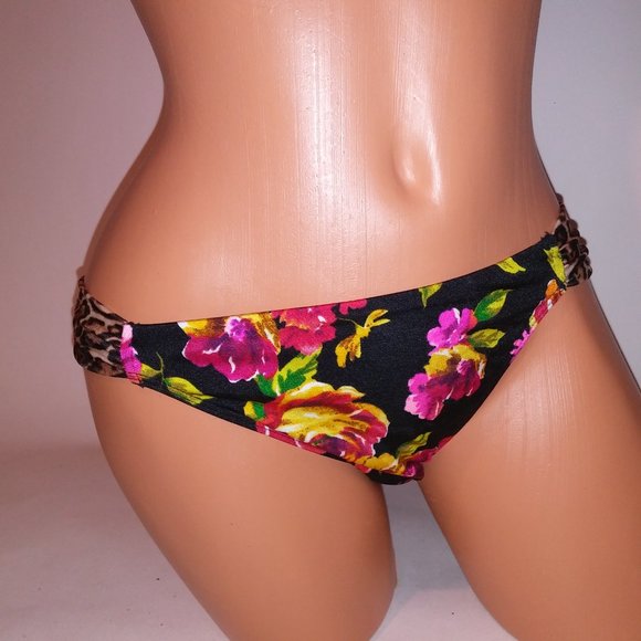 Victoria Secret Swim Bikini Bottom Large Black Red Pink Floral Leopard 2012 Coll - Picture 2 of 11